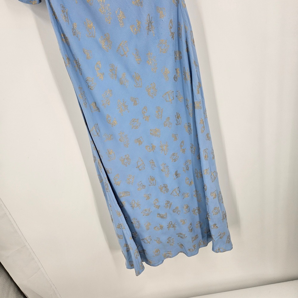 RIXO A-line Dress Blue Gold Metallic Zodiac Print Smocked Puff Sleeves Maxi Sz 6 - Picture 2 of 6